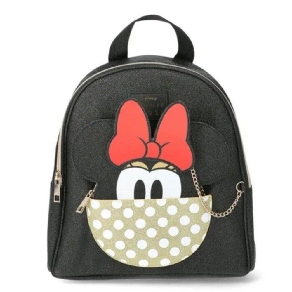 Disney Minnie Mouse Black Shimmer Mini Backpack w/ Chain Wallet NEW NWT